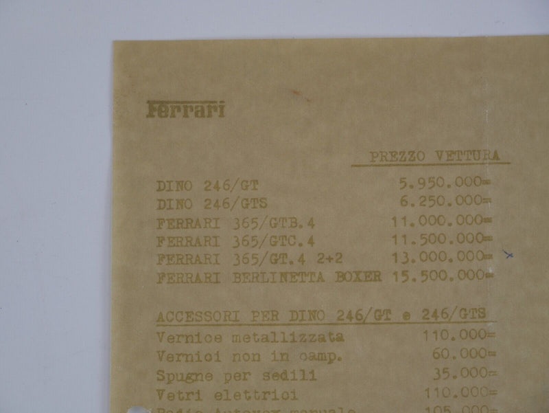 1973 Ferrari Price List Sheet 246 Dino 365 Daytona BB