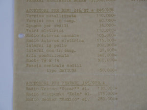 1973 Ferrari Price List Sheet 246 Dino 365 Daytona BB