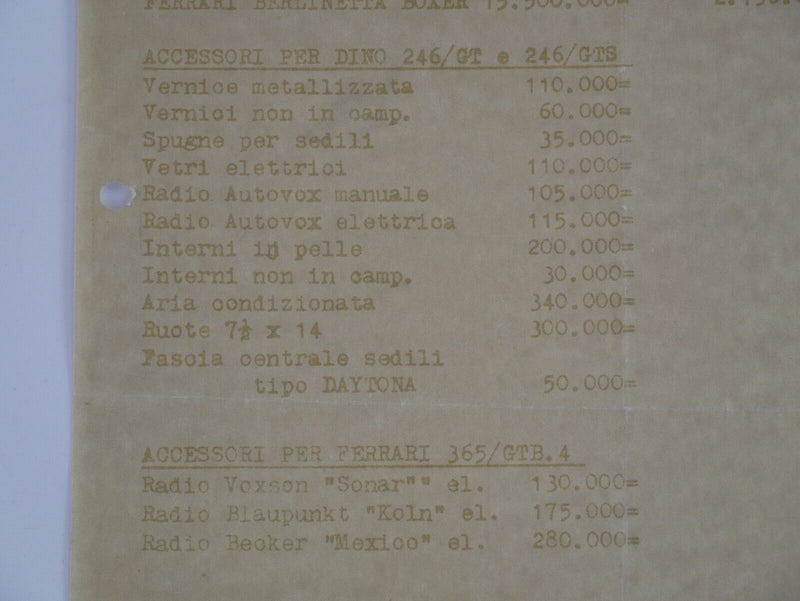 1973 Ferrari Price List Sheet 246 Dino 365 Daytona BB