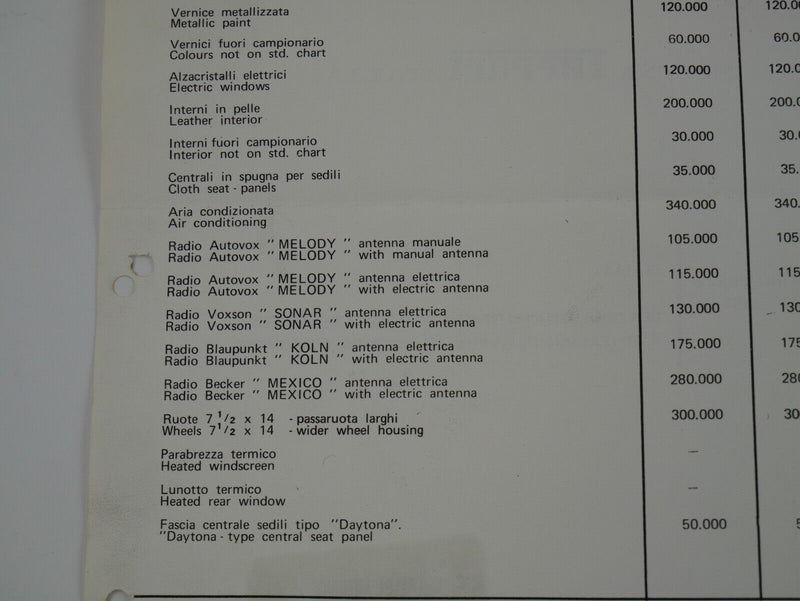 1973 Ferrari Price List Sheet 246 Dino 365 Daytona BB Crepaldi