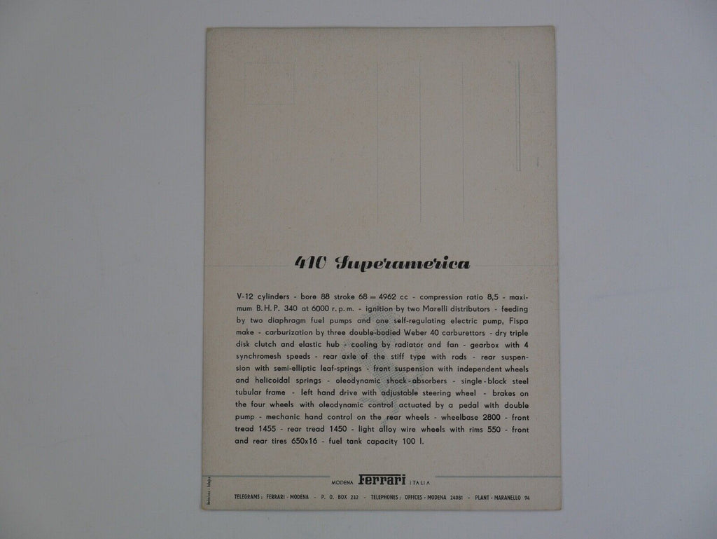 1953-55 Ferrari 375 MM 410 SA Postcard Brochure