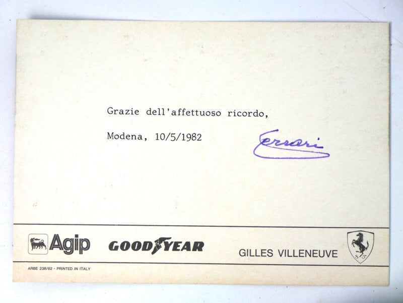 1982 Ferrari Factory Postcard Gilles Villeneuve F1 Enzo Signature